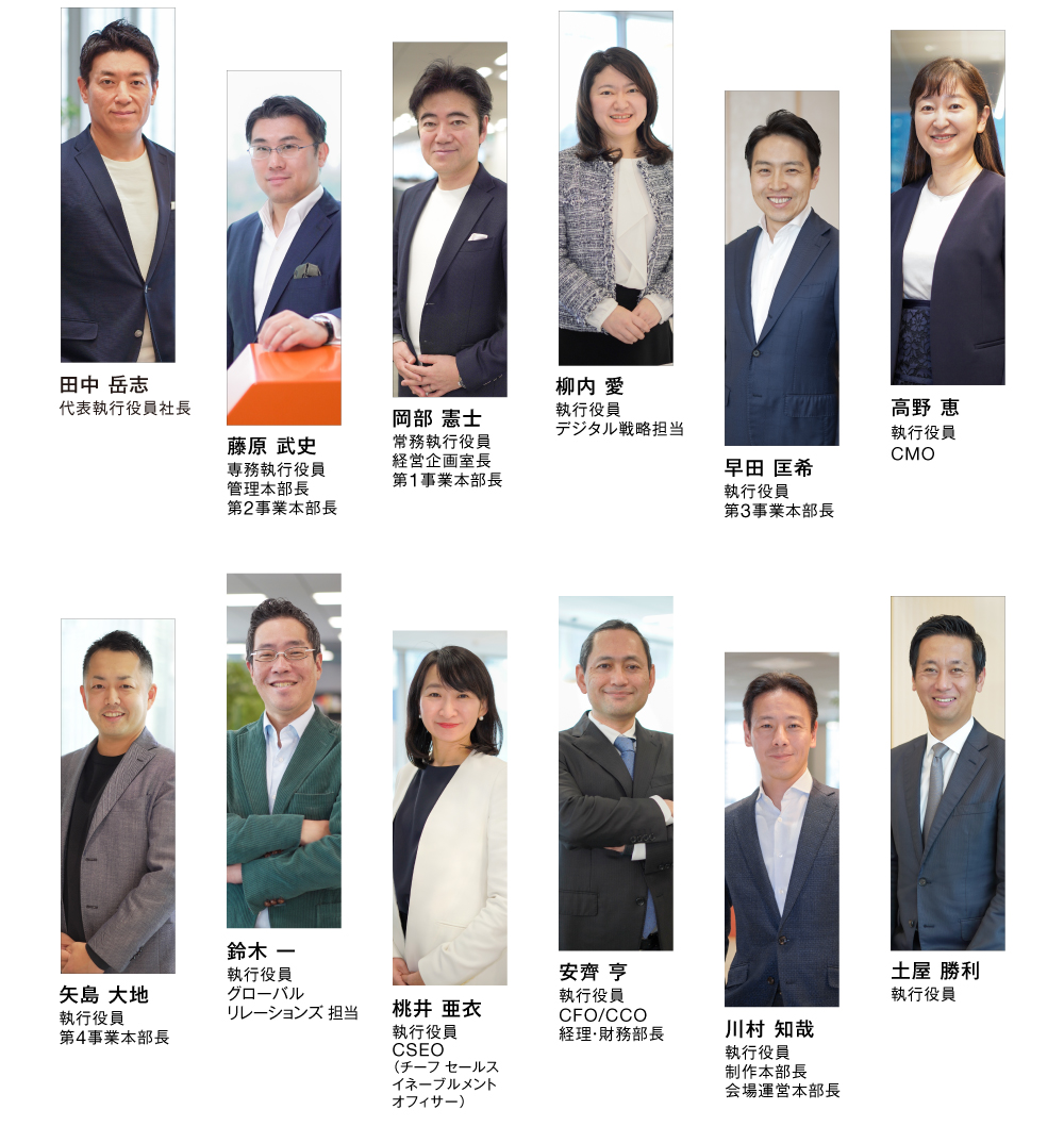 田中 岳志 代表取締役社長,藤原 武史 常務取締役 管理本部長 第 2 事業本部長,岡部 憲士 取締役 経営企画室長 第 1 事 本部長,柳内 愛 執行役員 海外担当 デジタル戦略担当,早田 匡希 執行役員 第 3 事業本部長,矢島 大地 執行役員 第 4 事業本部長,鈴木 一 執行役員 グローバルリレーションズ担当,桃井 亜衣 執行役員 CSEO（チーフ セールスイネーブルメントオフィサー）,安齊 亨 執行役員 CFO/CCO 経理・財務部長,川村 知哉 執行役員 制作本部長 会場運営本部長,前薗 雄飛 執行役員,土屋 勝利 執行役員
